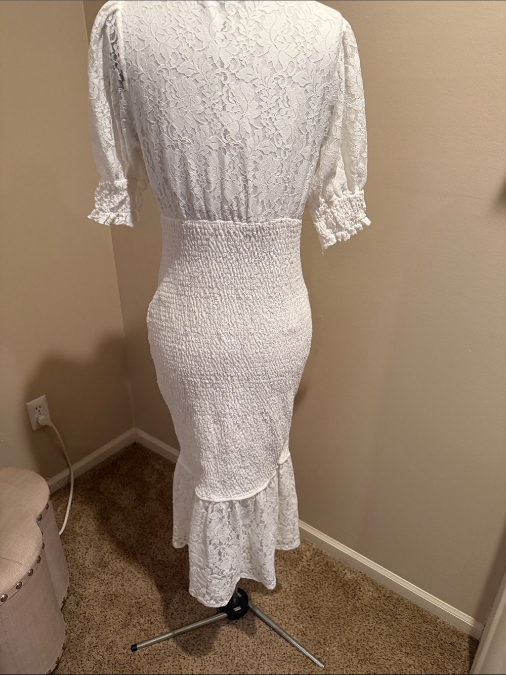 Simplee Apparel White Lace Smocked Midi Dress with Ruffle Hem - Picture 2 of 9
